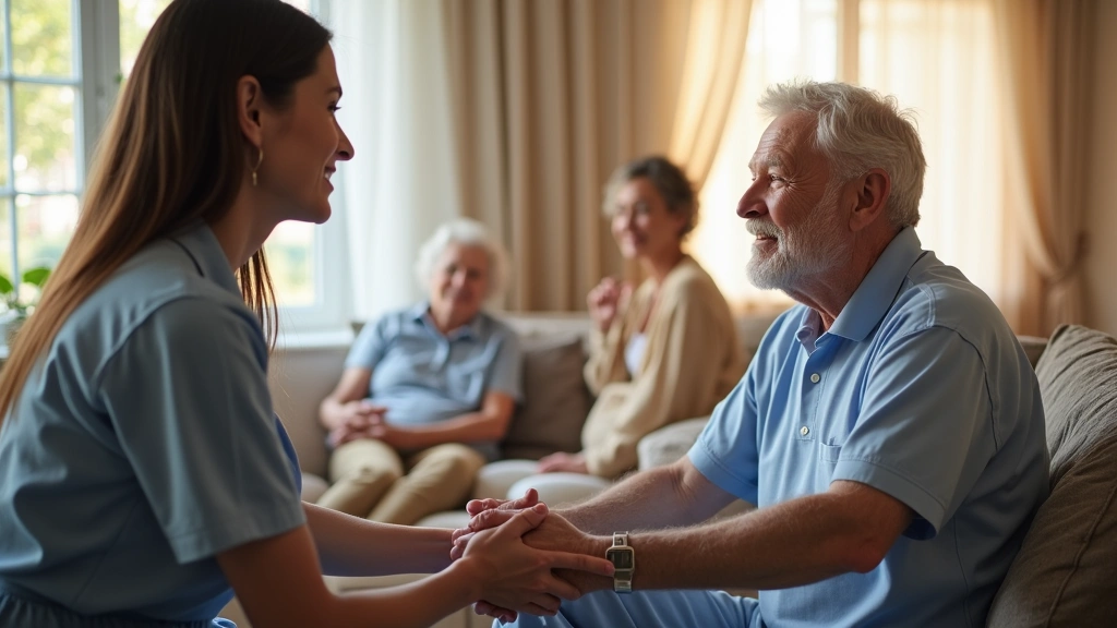 Compassionate hospice care worker holding hands with senior patient in living room, family member visible in background, warm