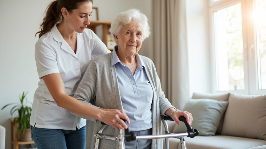 Physical therapist assisting elderly patient with mobility exercises in home setting, patient using walker, bright living roo