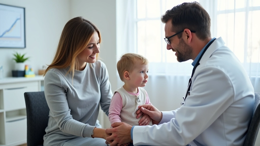 Pediatrician performing routine physical examination on young child in bright, modern medical office with parent present, stethoscope and growth chart visible
