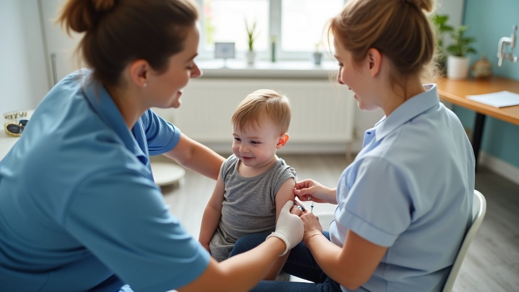 Young child receiving vaccination injection from healthcare provider in clinical setting, child seated comfortably with paren