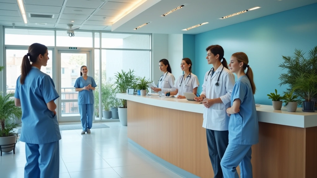 Professional medical facility reception area with modern healthcare staff greeting diverse patients at check-in desk, bright welcoming clinic environment