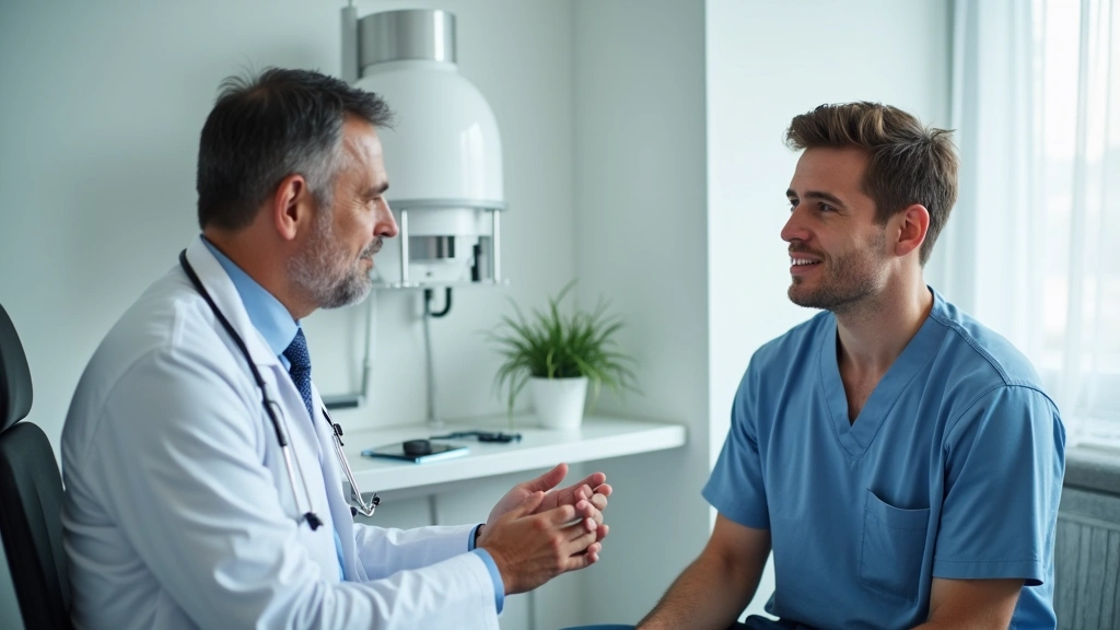 Doctor and patient during consultation in modern clinical exam room, professional healthcare provider discussing treatment op