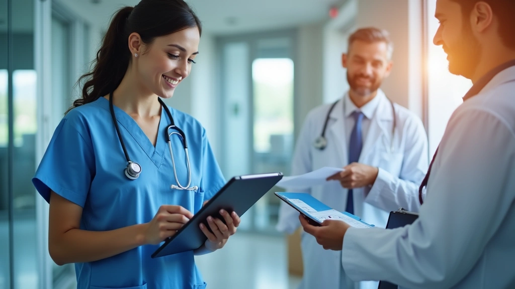 Healthcare provider using digital tablet reviewing patient medical records in contemporary medical office, modern electronic 