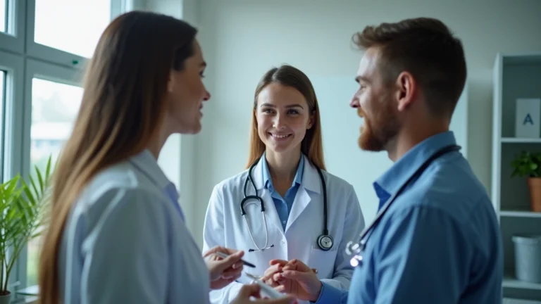 Professional healthcare provider in white coat consulting with patient in modern medical clinic examination room, warm lighting, stethoscope visible