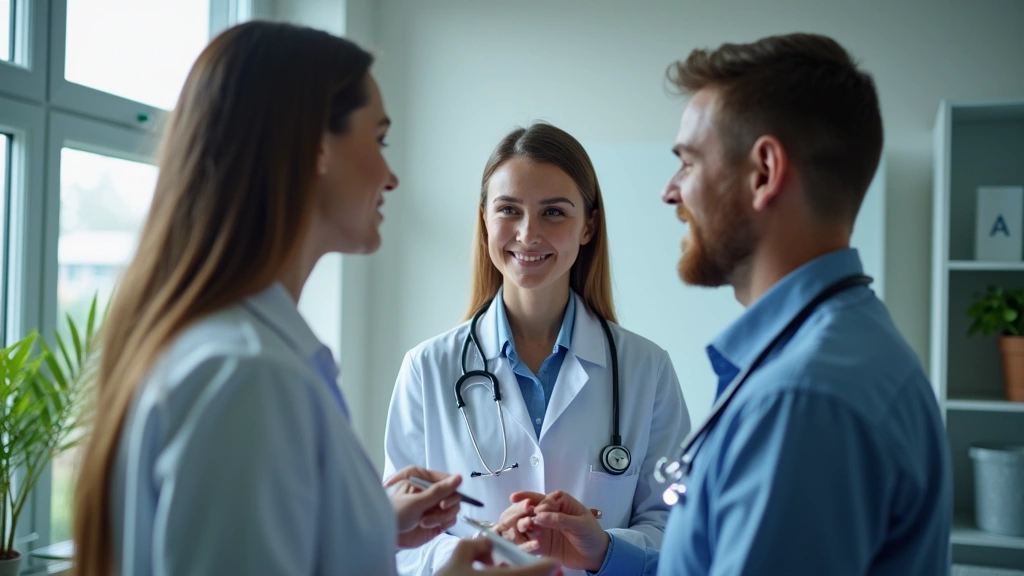 Professional healthcare provider in white coat consulting with patient in modern medical clinic examination room, warm lighting, stethoscope visible