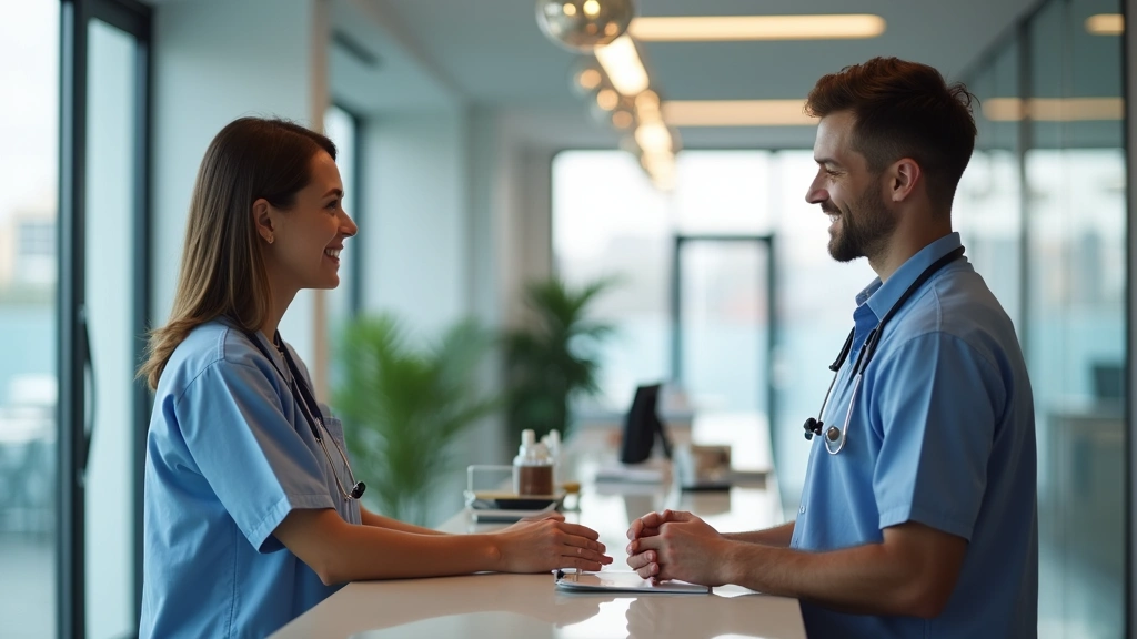 Patient checking in at modern medical facility reception desk with friendly staff member, professional healthcare environment