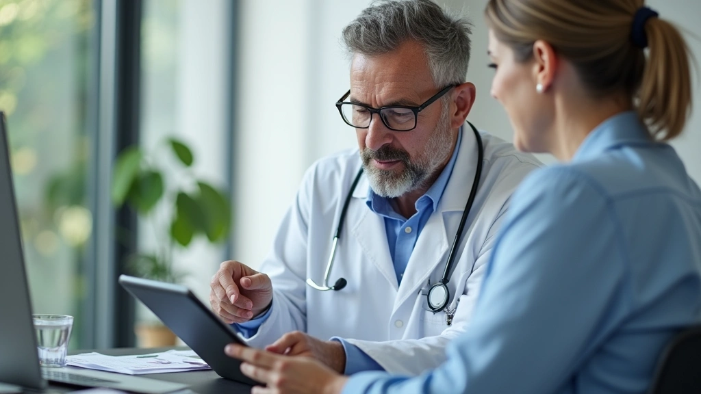 Doctor reviewing patient medical records on tablet in contemporary healthcare office, professional medical setting, caring in