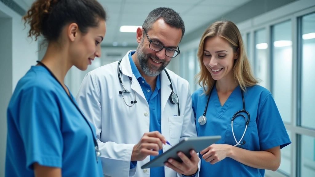 Healthcare team of doctors and nurses in modern medical facility reviewing patient data on tablet computer, collaborative cli