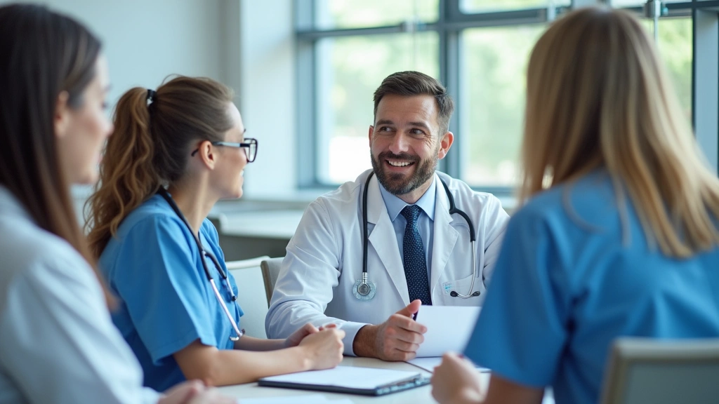 Multiple medical professionals from different specialties having consultation meeting in hospital conference room, discussing