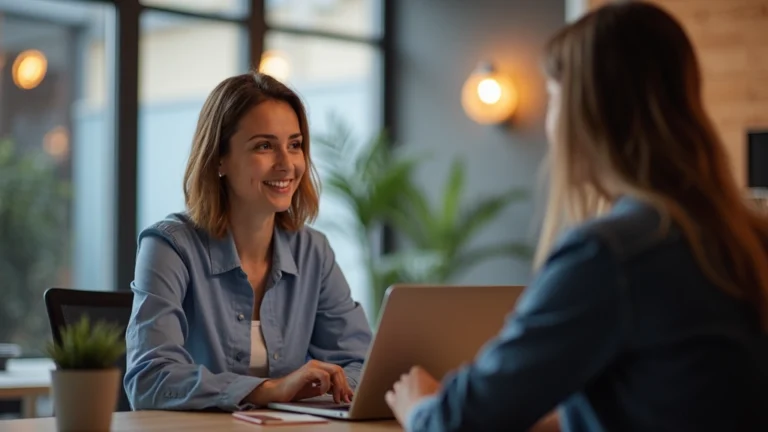 Professional female psychologist conducting virtual therapy session on laptop in modern office setting, patient visible on screen, warm lighting, professional environment