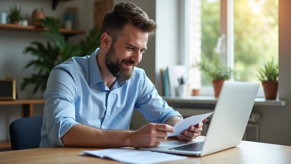 Male patient reviewing insurance documents and benefits paperwork at home desk, laptop showing member portal, calm profession