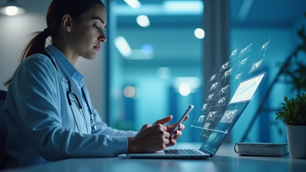 Professional healthcare employee sitting at desk using laptop and smartphone with email interface visible, modern medical office setting with soft blue lighting