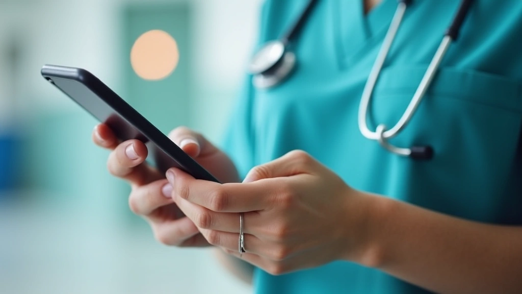 Close-up of hands holding smartphone with email application open, healthcare professional in scrubs partially visible, clean 