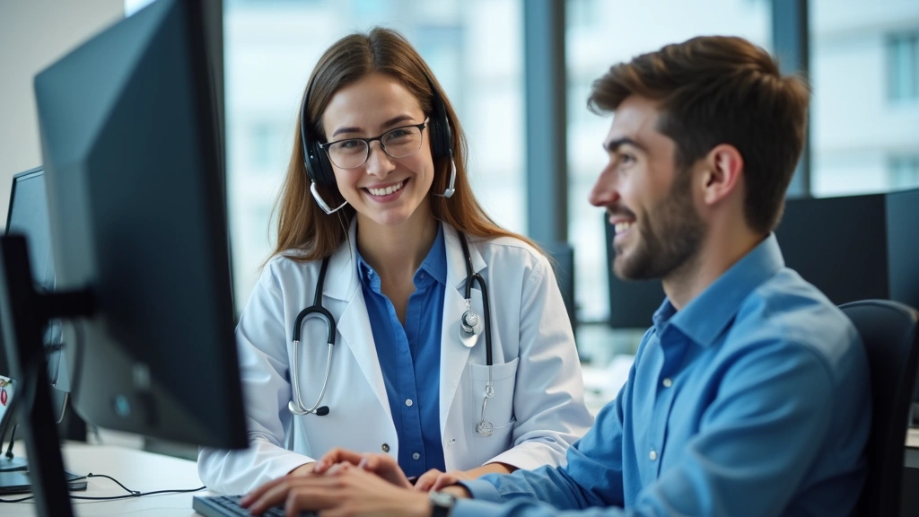 Healthcare IT support specialist assisting employee at computer workstation, both wearing professional attire, hospital offic