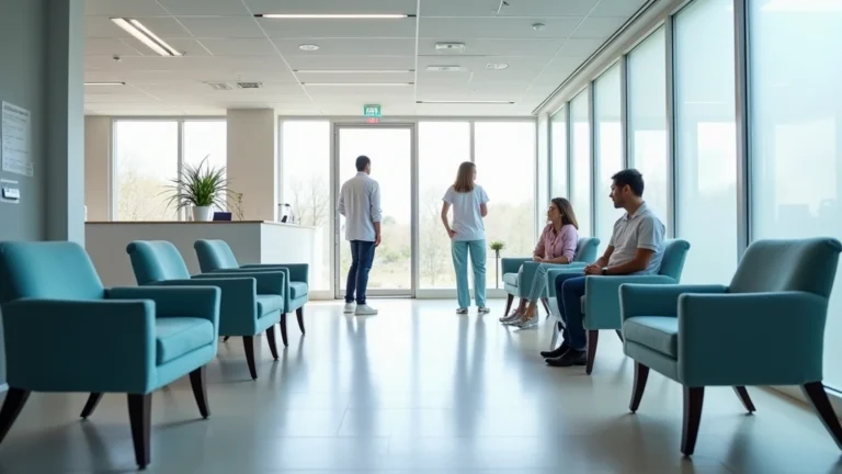 Professional medical clinic waiting room with modern furniture, reception desk, and patients checking in, bright natural lighting, clean contemporary healthcare environment