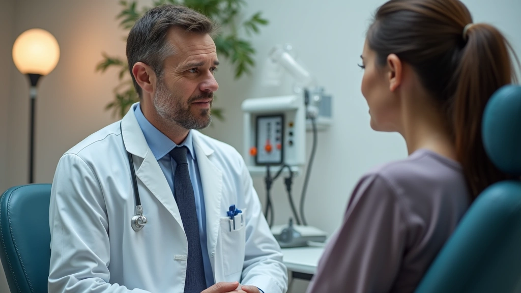 Doctor in white coat consulting with patient in examination room, warm lighting, medical equipment visible, professional medi