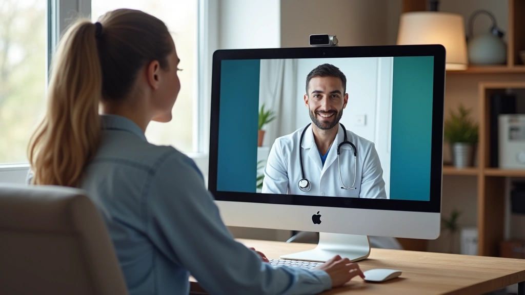 Telehealth appointment on computer screen, patient at home on video call with healthcare provider, modern digital healthcare