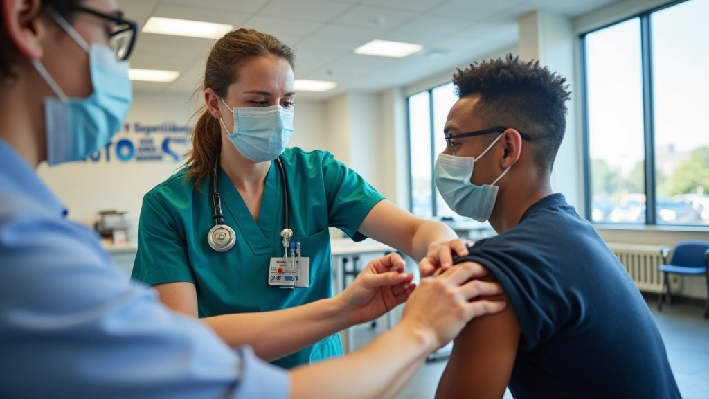 Professional healthcare workers at a Connecticut public health clinic providing immunizations to diverse patients in a modern medical facility with state health department signage