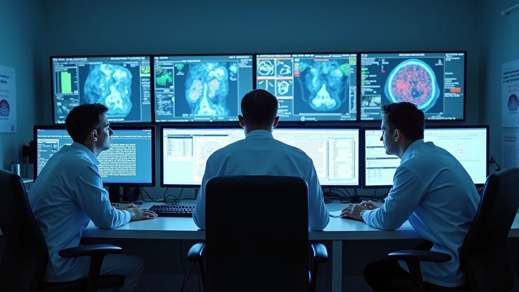 Disease surveillance monitoring station with epidemiologists reviewing health data on multiple computer screens in a state pu