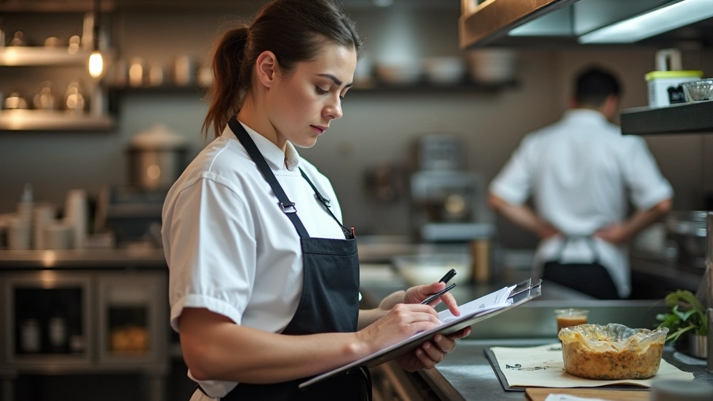 Environmental health inspector examining food service kitchen standards with clipboard and inspection tools in a professional