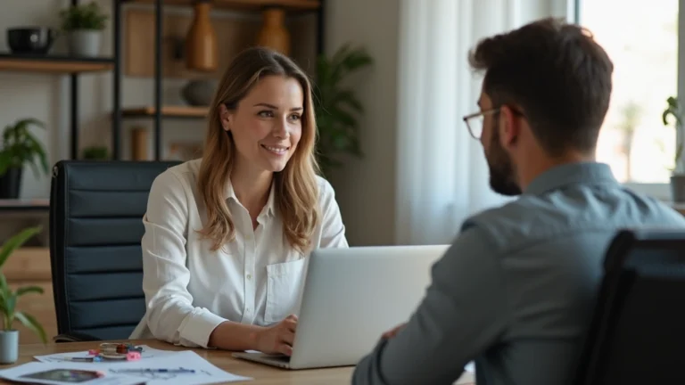 Professional woman therapist in modern office during secure video call with patient on laptop, warm lighting, focused expression, HIPAA-compliant clinical setting