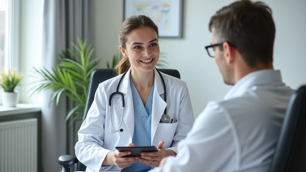 Licensed psychiatrist in white coat reviewing patient notes on tablet during virtual telehealth appointment, professional med