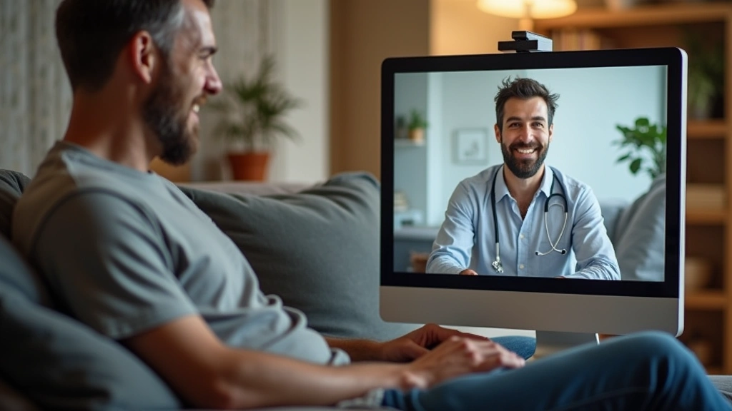 Male patient relaxed at home during video therapy session on computer, comfortable living room environment, engaged in conver