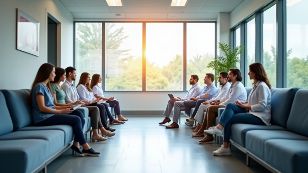 Professional medical clinic waiting room with diverse patients, modern healthcare facility interior, welcoming community health center environment, no text visible