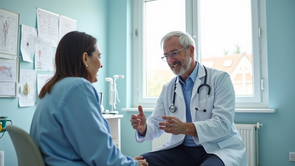 Doctor and patient consultation in bright medical office, healthcare provider conducting primary care visit, modern clinical 