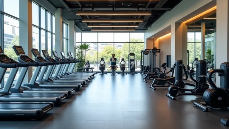Modern fitness facility interior with cardio machines, free weights, and strength training equipment in bright professional gym setting