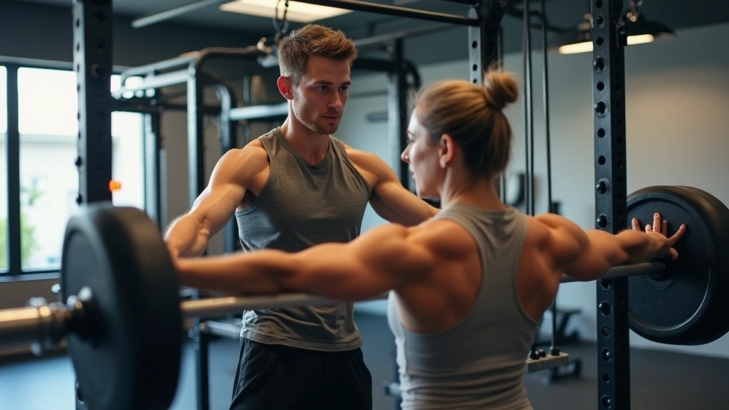 Personal trainer working with client demonstrating proper form on strength training equipment in professional gym environment