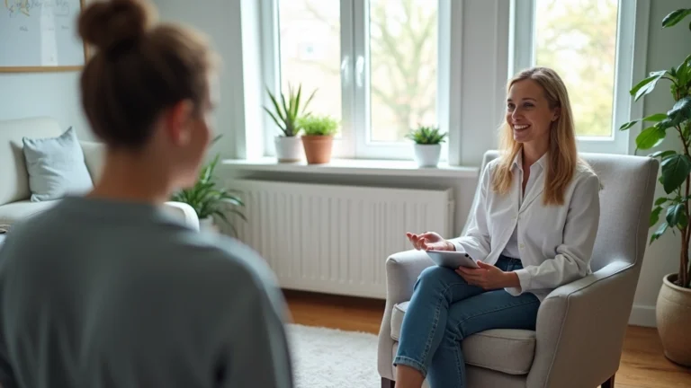 Professional therapist conducting individual counseling session in modern clinical office with comfortable seating and calming décor, patient and counselor in therapeutic conversation