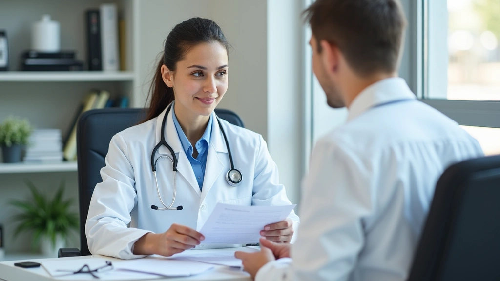 Licensed psychiatrist reviewing patient medical records at desk in behavioral health clinic, professional medical setting wit