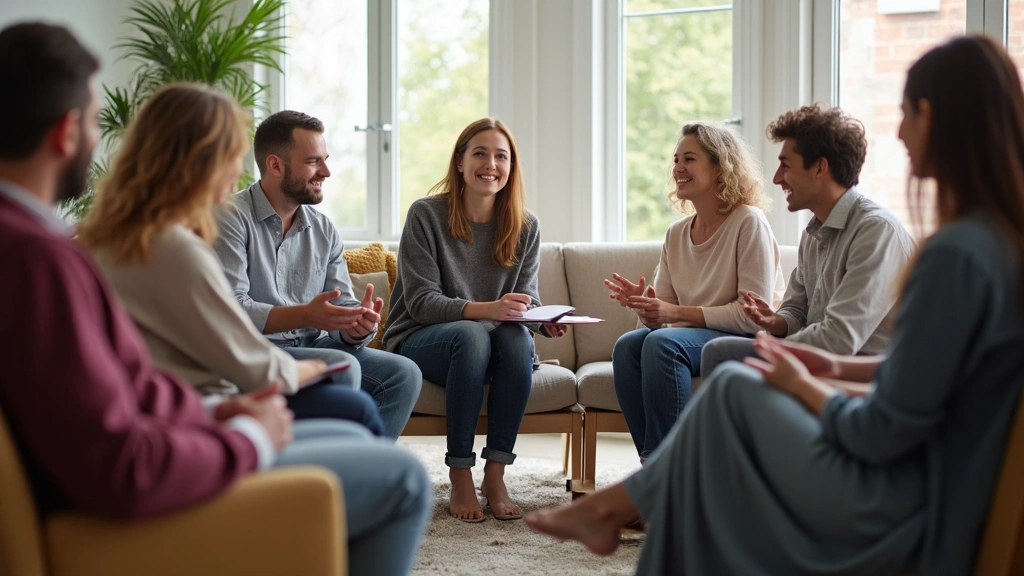 Diverse patients participating in group therapy session in bright community room with comfortable seating arrangement, suppor