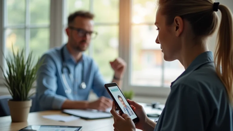 Patient using smartphone for virtual doctor consultation in modern home office setting, professional healthcare provider visible on screen, warm natural lighting