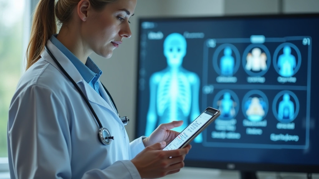 Healthcare provider in clinical setting reviewing patient data on tablet during telemedicine session, secure digital health i