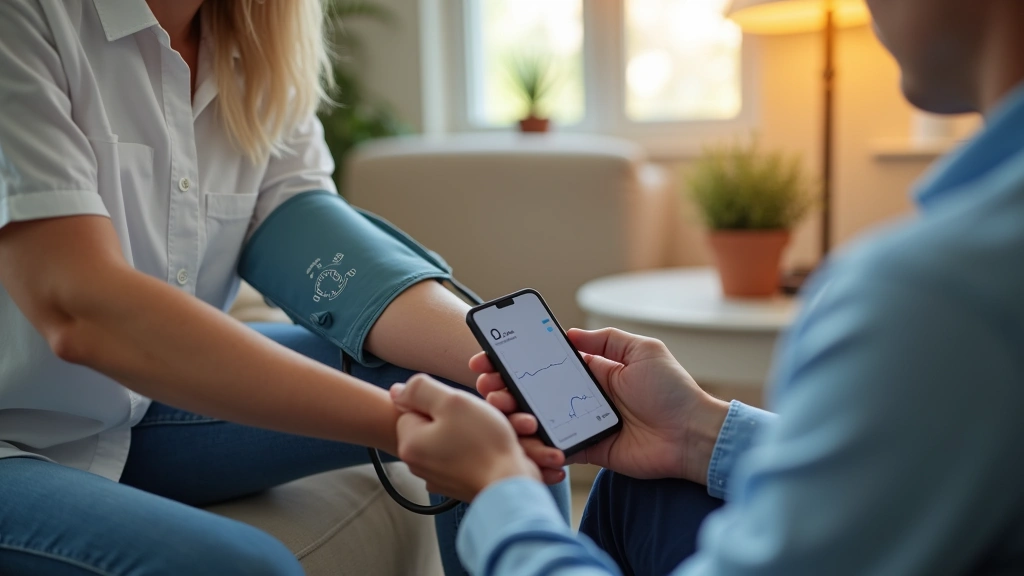 Patient checking blood pressure monitor at home with data syncing to mobile device, remote patient monitoring technology, com