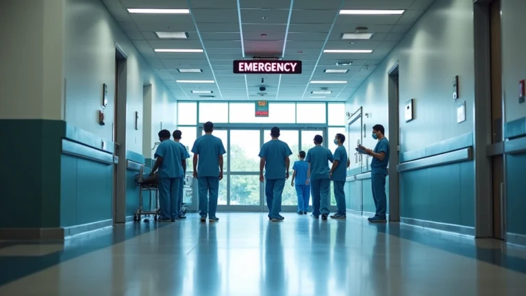 Modern hospital emergency department entrance with medical staff in scrubs, professional healthcare setting, natural lighting, no text