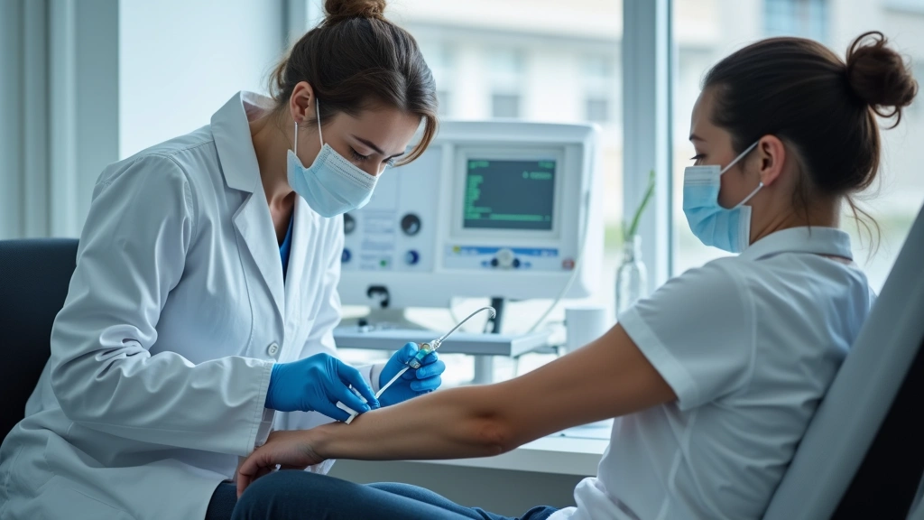 Professional phlebotomist drawing blood sample from patient's arm in modern clinical laboratory setting with medical equipment visible