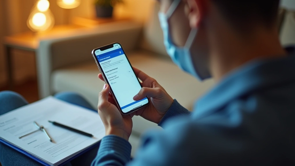 Patient checking lab results on smartphone in comfortable home environment with warm lighting and medical documents