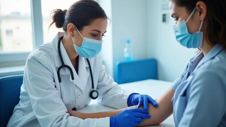 Professional phlebotomist drawing blood sample from patient's arm in modern clinical laboratory setting with blue and white decor