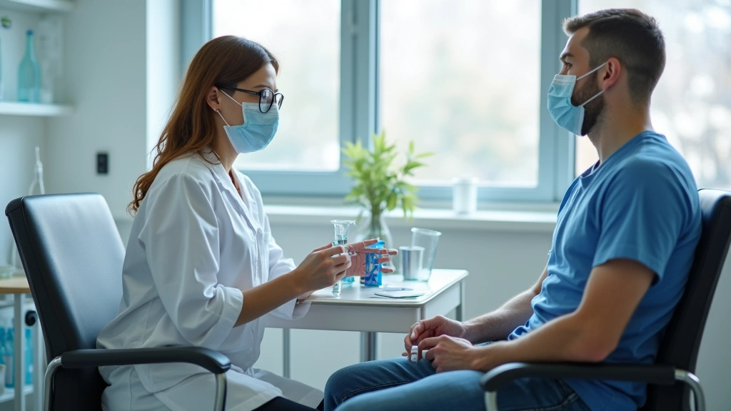 Patient sitting in comfortable chair at laboratory collection center with phlebotomist preparing venipuncture equipment in br