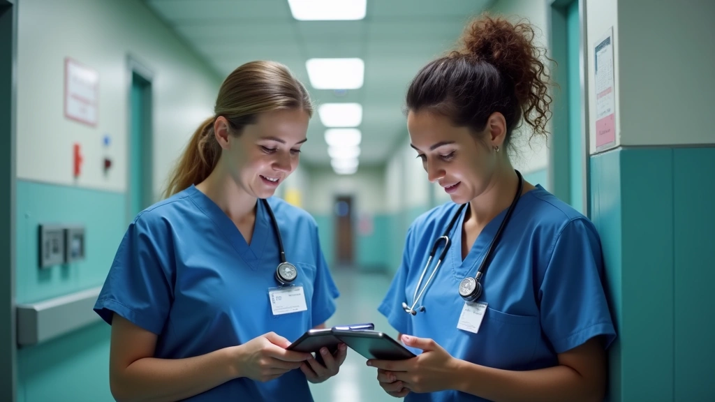 Medical staff members accessing Workday on mobile devices and tablets while working in hospital hallway, checking schedules a