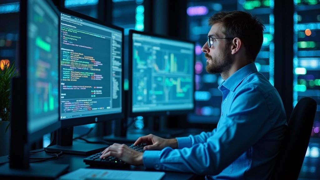 IT professional monitoring Workday system infrastructure and security on multiple screens in healthcare data center, ensuring