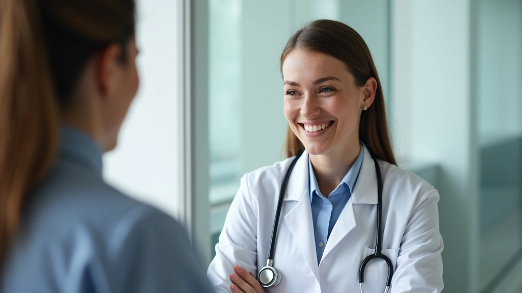 Professional female doctor in white coat smiling at patient during consultation in modern clinic office with natural lighting