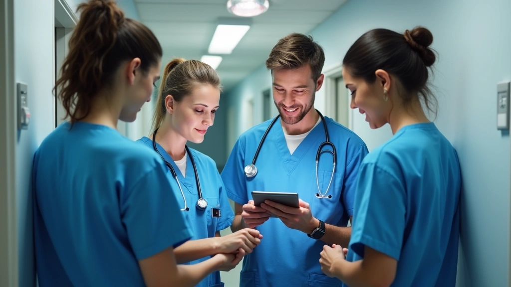 Diverse group of healthcare professionals in scrubs collaborating around digital tablet in bright hospital corridor
