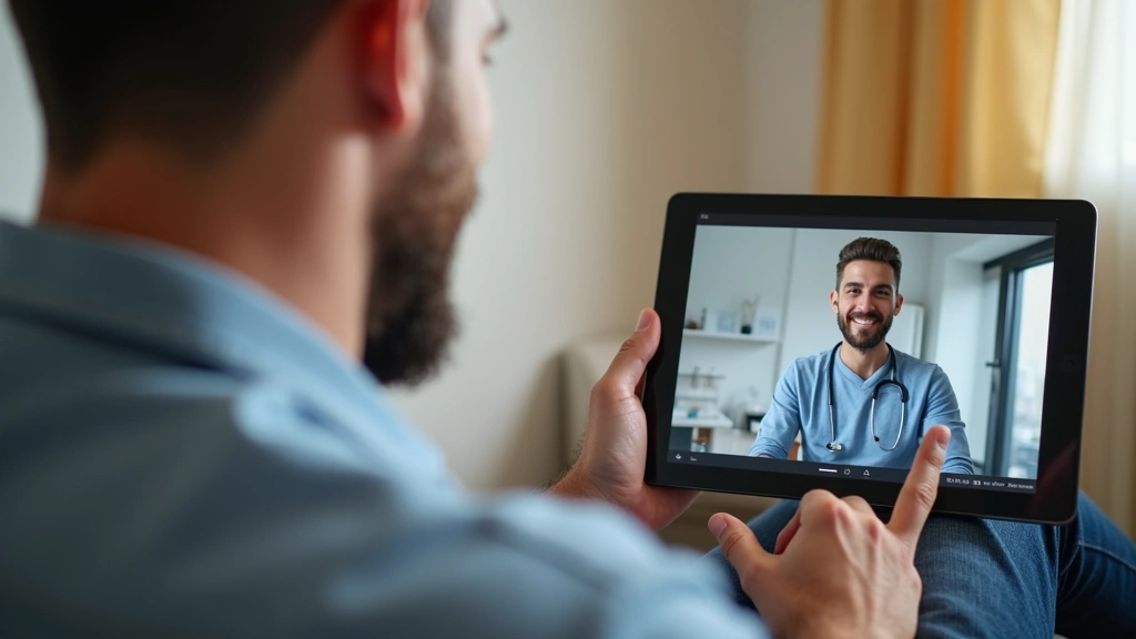 Male patient having virtual telehealth video consultation on tablet at home with friendly provider on screen