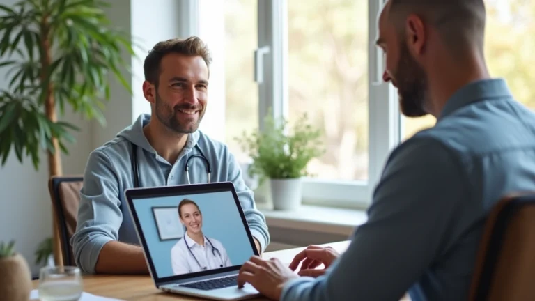 Patient in home office receiving video consultation with physical therapist on laptop screen, professional medical setting, bright natural lighting