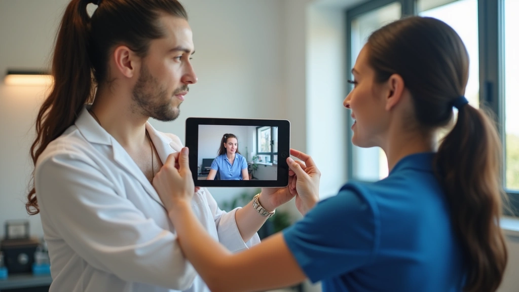Licensed physical therapist demonstrating shoulder exercise movement during virtual telehealth session, clinical background,
