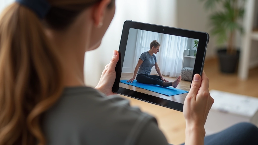 Patient performing guided stretching exercise at home while following therapist video instructions on tablet, comfortable hom